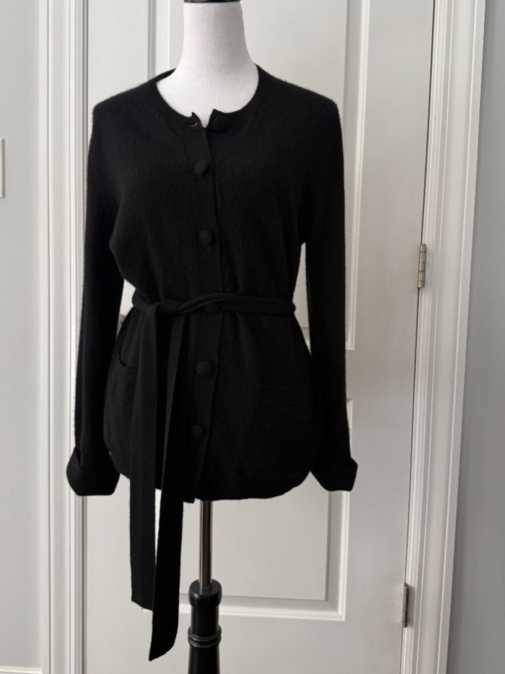 C by Bloomingdale's 100% Cashmere Black Belted Cardigan Sweater Size M